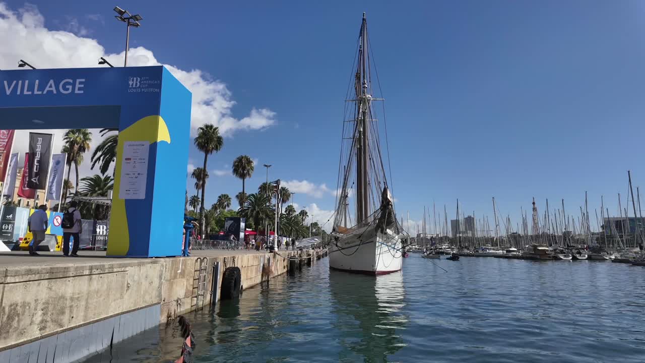Timelapse of Barcelona City Harbor during the celebration of the 37Th America’s Cup with boats coming and going. 4K