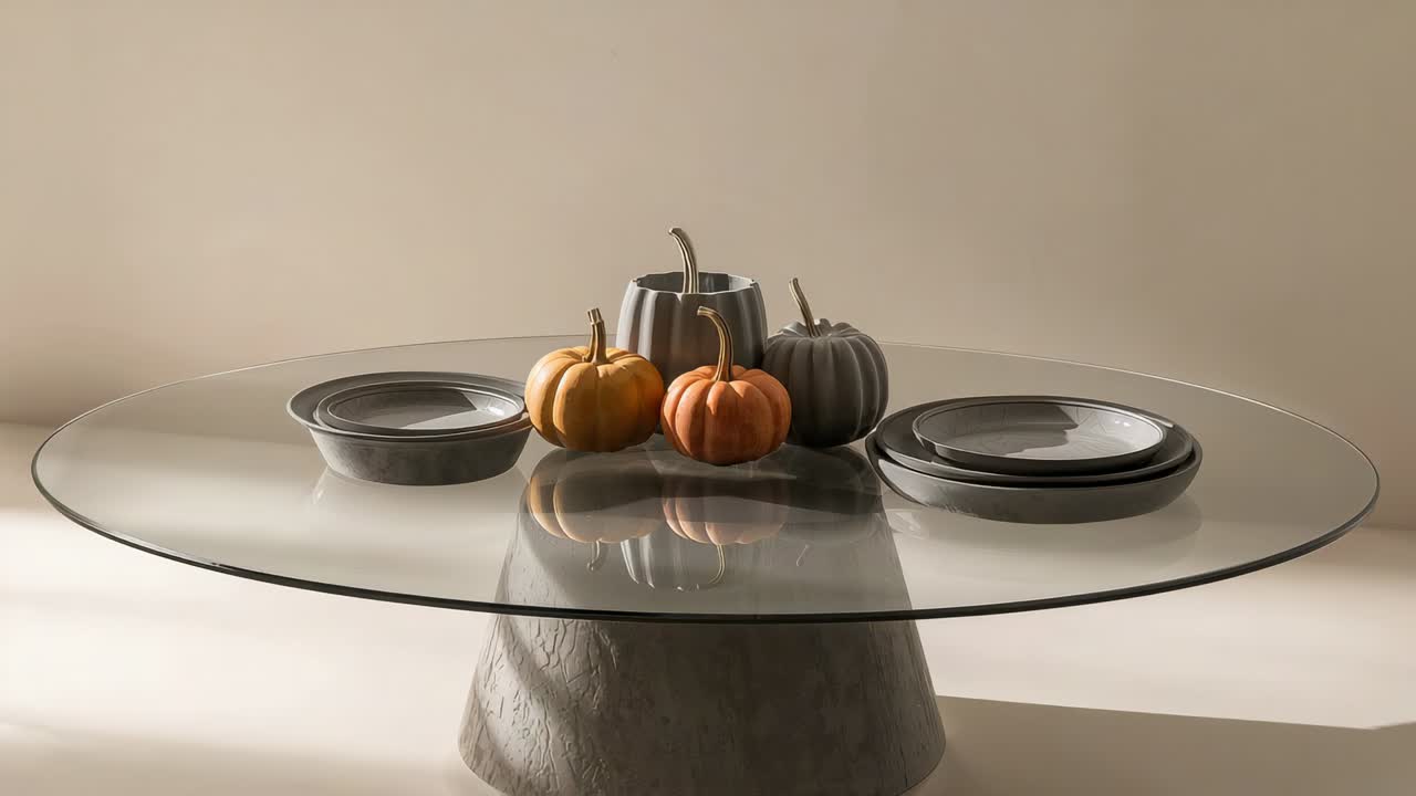 Zooming camera moving closer to round glass tabletop studio, showcasing pumpkins and stacked plates