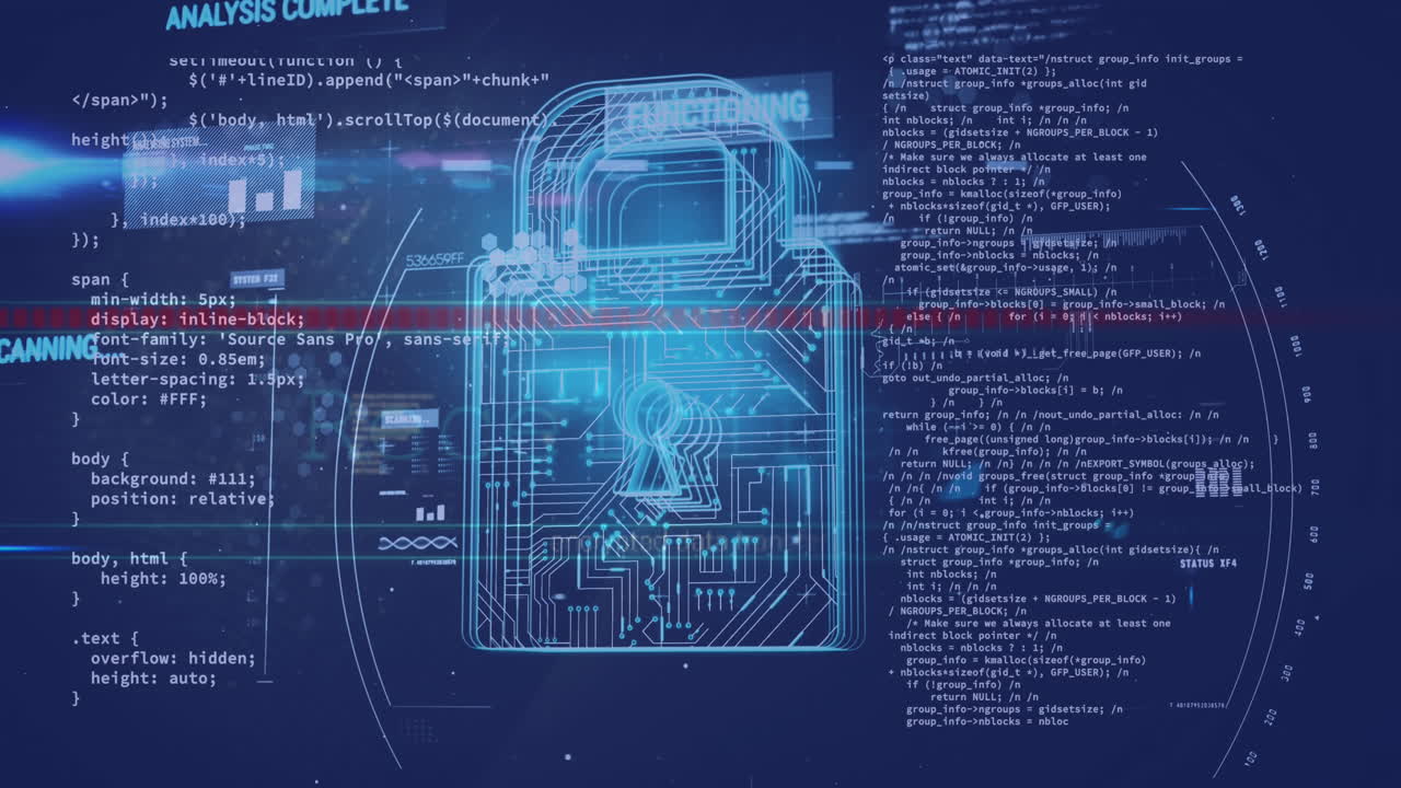 Animation of scope scanning over security padlock icon and data processing against blue background
