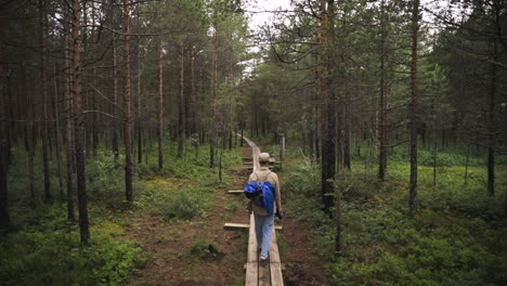 back of young man with camera walking through forest on wooden walkway