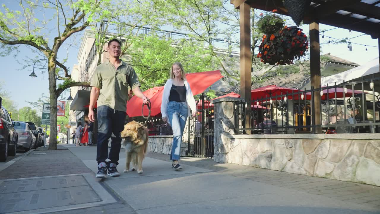 그 부부는 행복하게 도시에서 개를 산책시키고 있습니다.