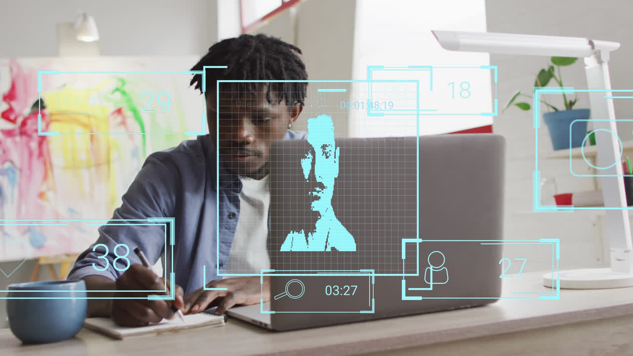 Animation of data processing with diverse people portraits over african american businessman