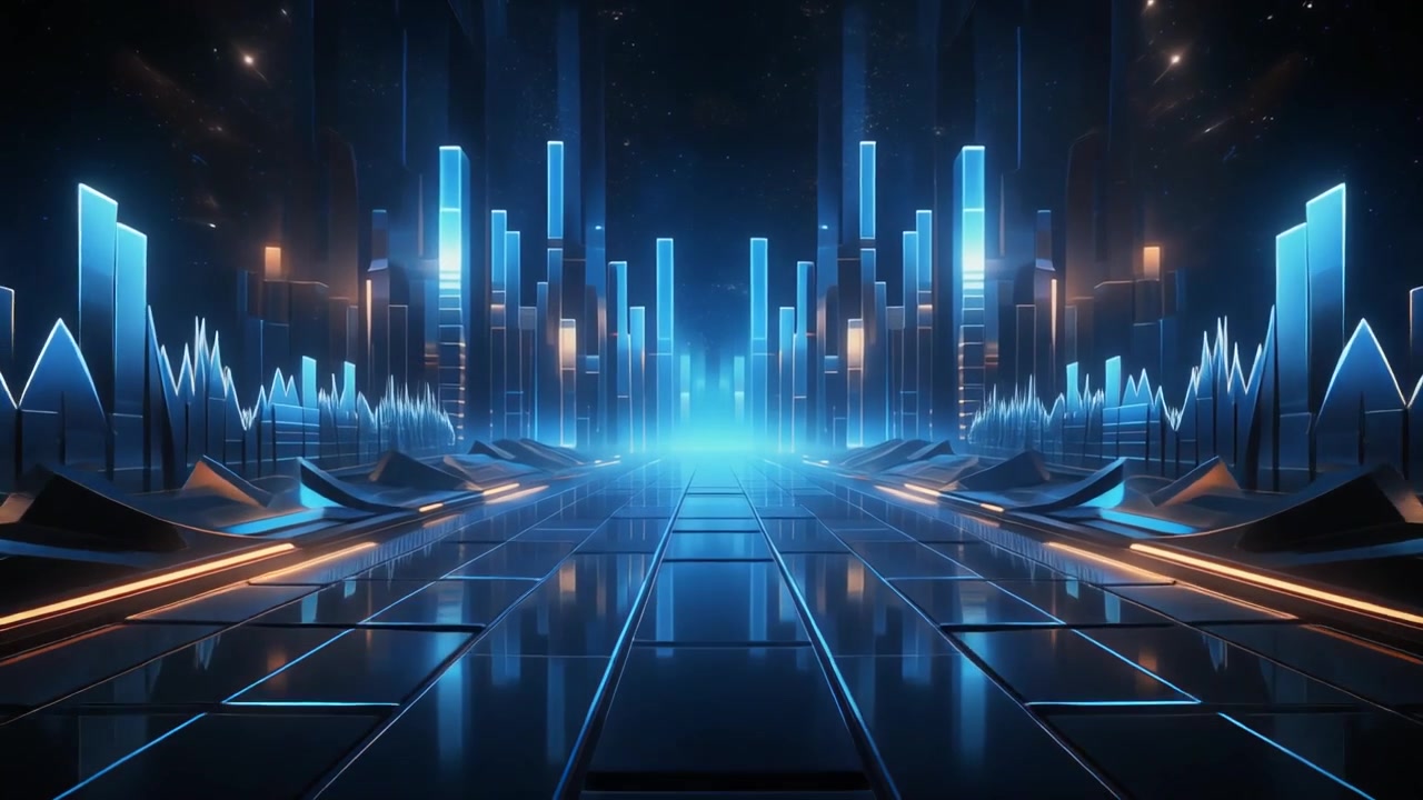 Futuristic Digital Cityscape with Glowing Data Bars and Reflective Floor