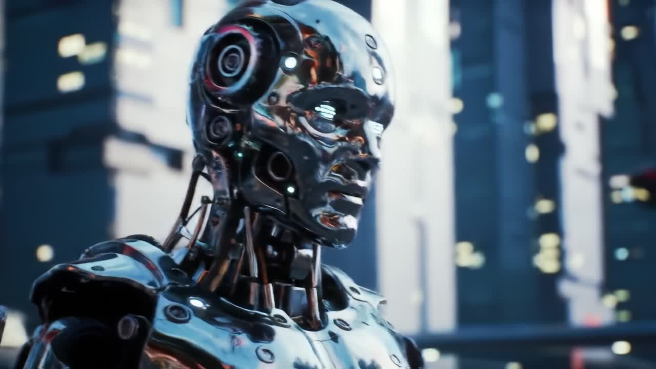 A Futuristic Robot Standing Against a High-Tech Cityscape, Showcasing Advanced Metallic Features and Glowing Elements in a Vibrant Sci-Fi Environment