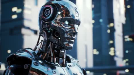 a futuristic robot standing against a high-tech cityscape, showcasing advanced metallic features and glowing elements in a vibrant sci-fi environment
