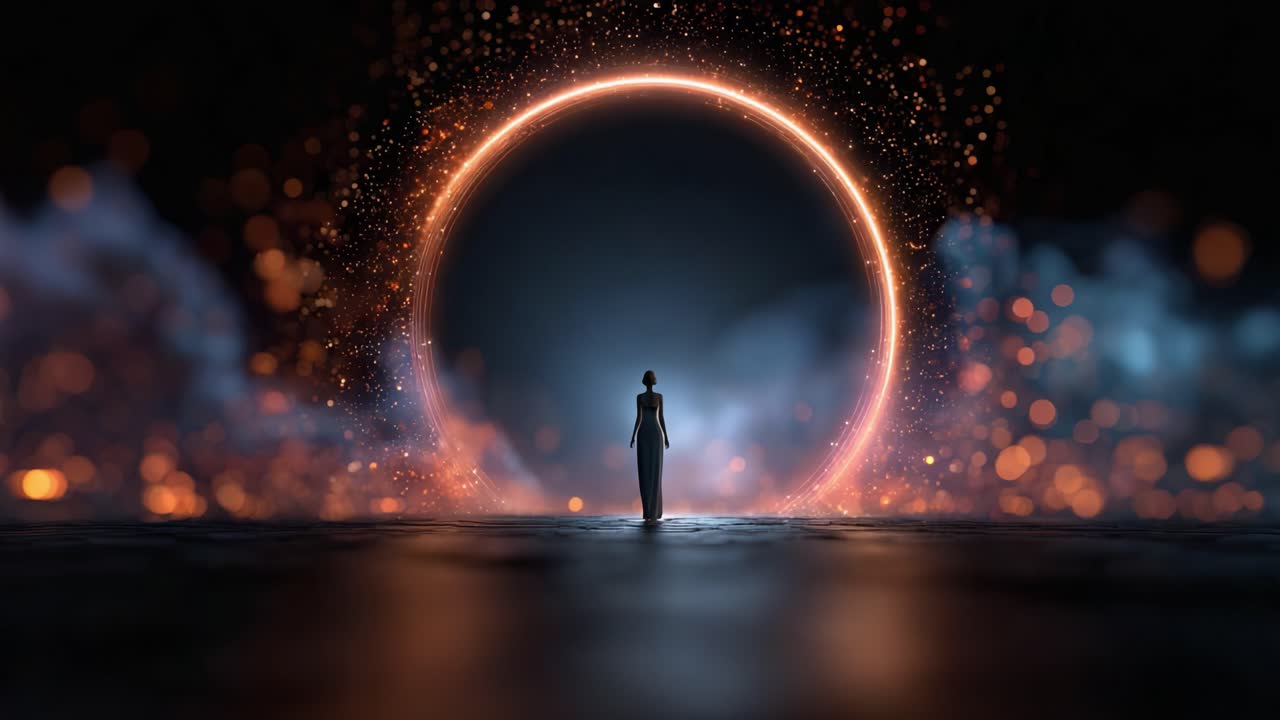 An ethereal portal glows in the darkness, illuminating a lone figure standing in contemplation, evoking feelings of mystery and exploration beyond the visible realm