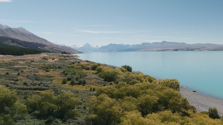 Vista aerea del Lago Tekapo e delle Alpi Meridionali, Nuova Zelanda