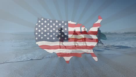 american flag waving over us map against group of friends with surf boards running on the beach