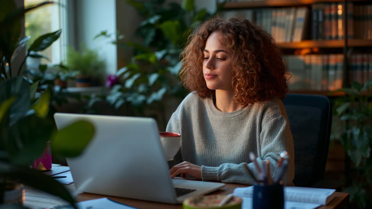 Woman bringing mug to lips sipping placing mug typing pausing breathing refocusing on laptop work