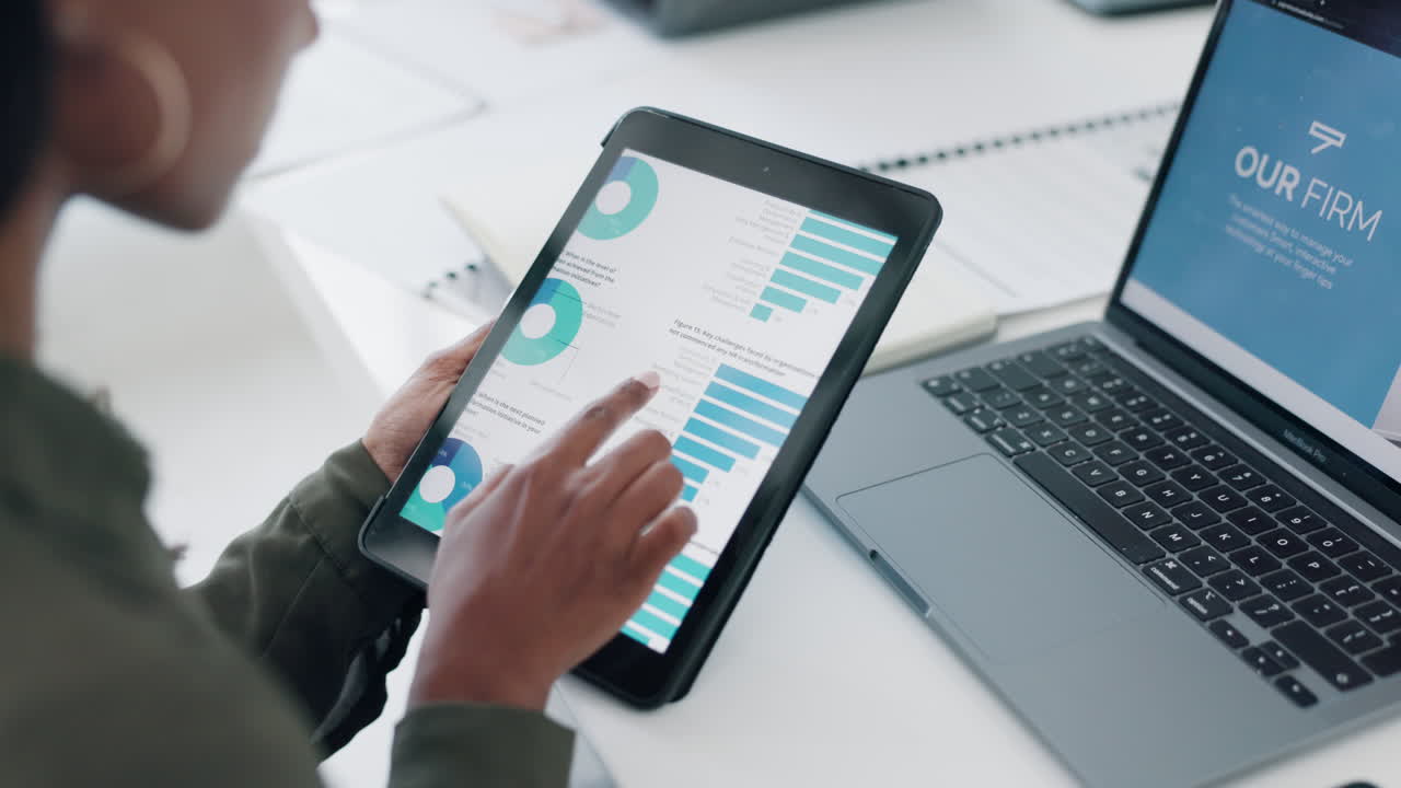 Hands, tablet and woman with seo