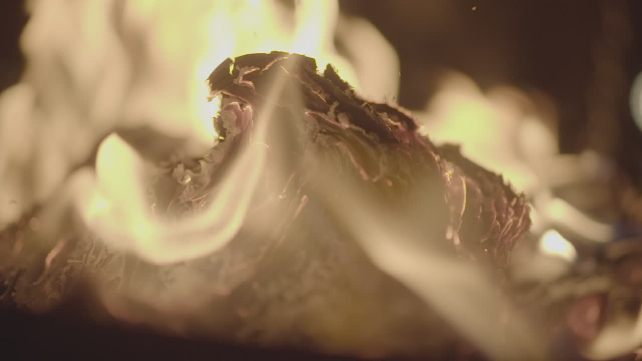 Slowmotion shot of a fire and flames burning away a newspaper in a fire pit creating sparks and smoke LOG