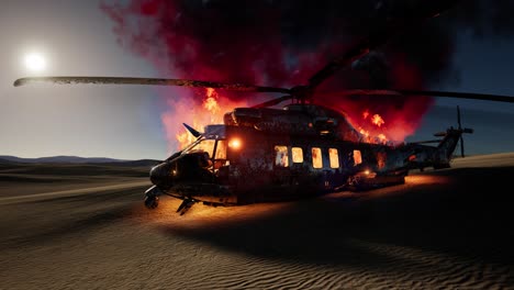 burned-military-helicopter-in-the-desert-at-sunset