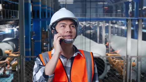 trabajador de la fábrica en el teléfono