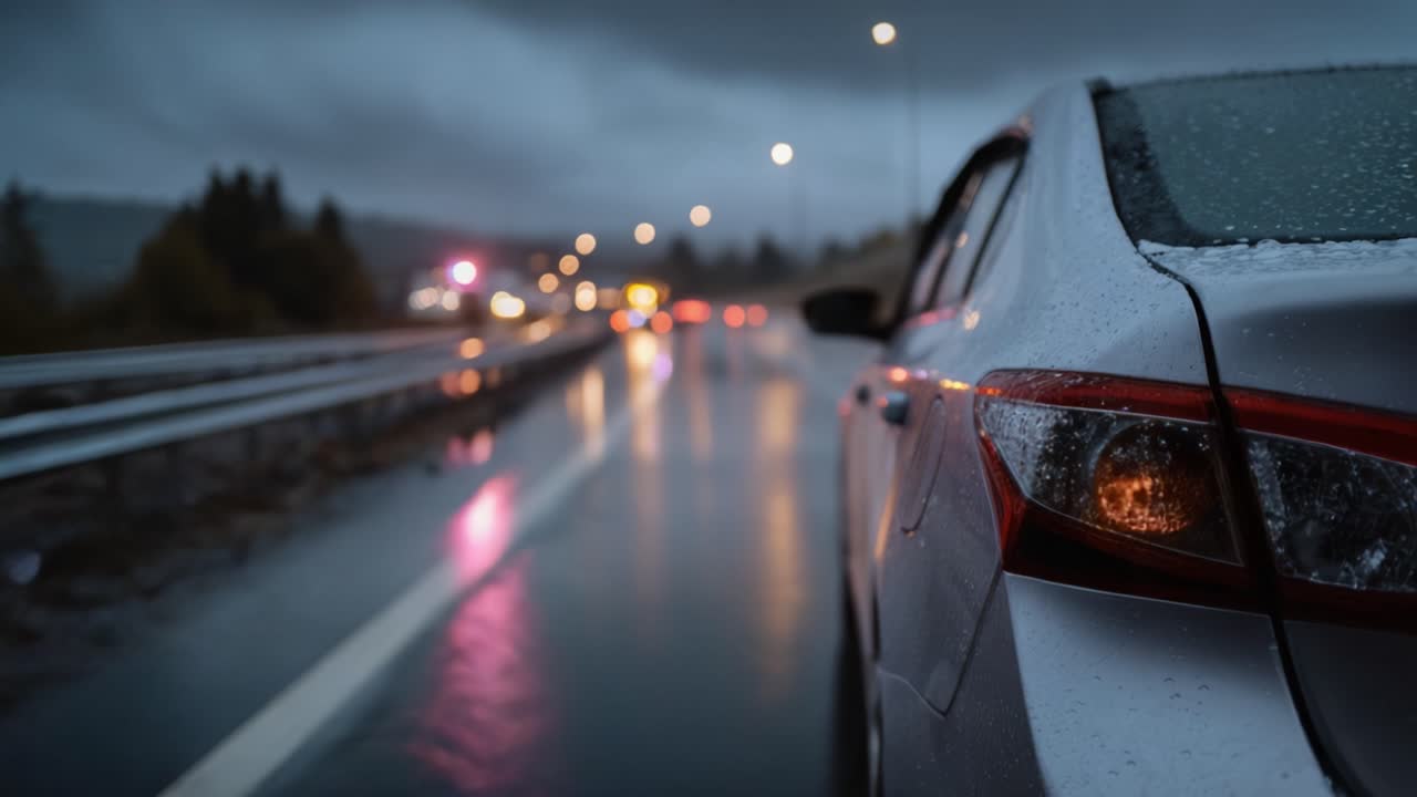 Hopeanvärinen auto sateisella moottoritiellä, jota liikennevalot valaisevat ja sateenpisarat heijastuvat märältä asfaltilta synkkänä iltana pilvisen taivaan alla