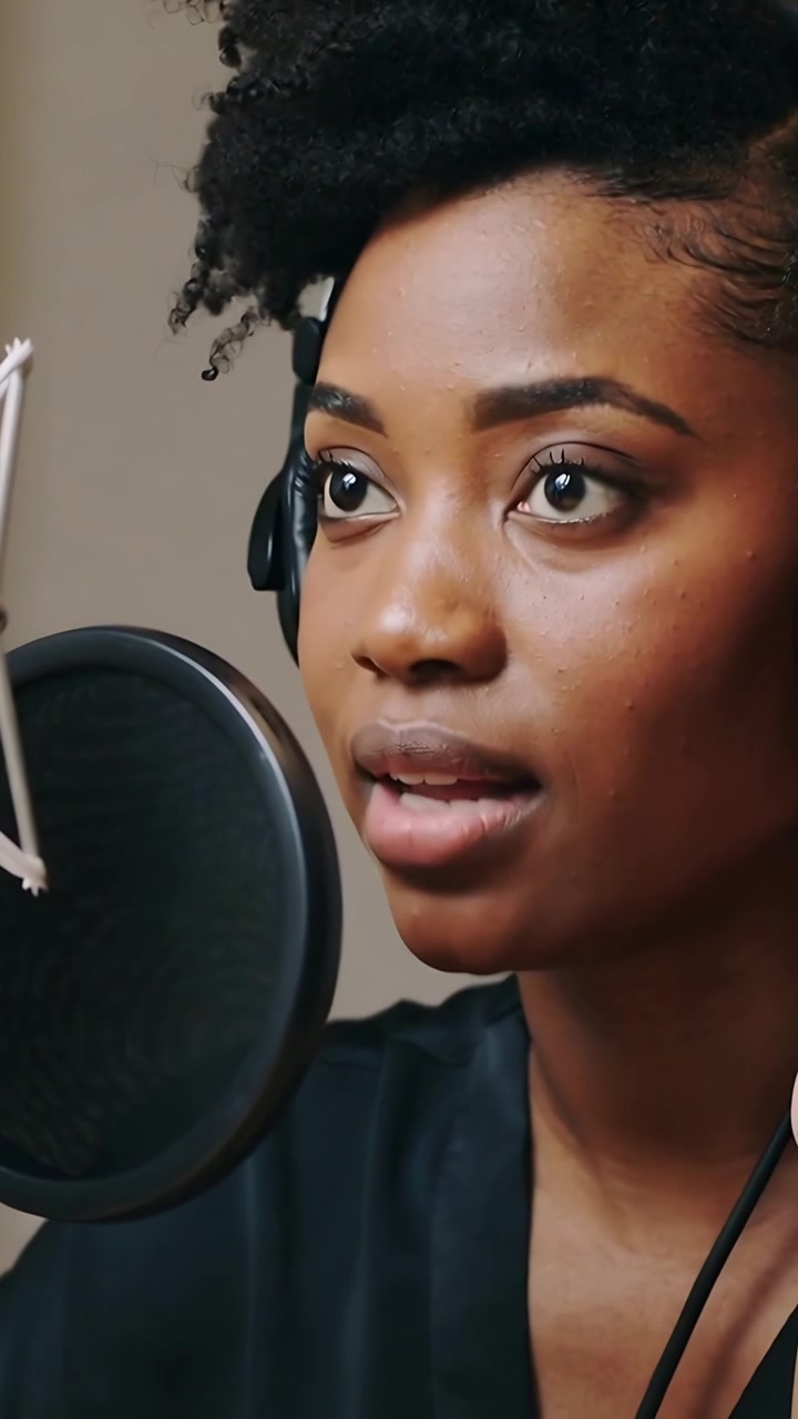 Video verticale: Telecamera in funzione, donna che canta in un microfono, filtro anti-pop, cuffie in cabina, mentre si sistema l'auricolare.