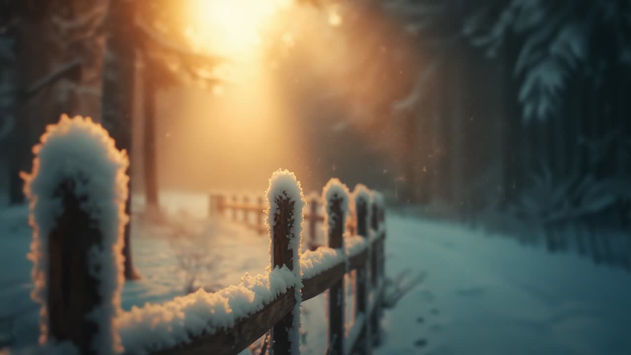 Snowy fence posts sparkling at forest path by sunlight breaking through trees, with drifting snow