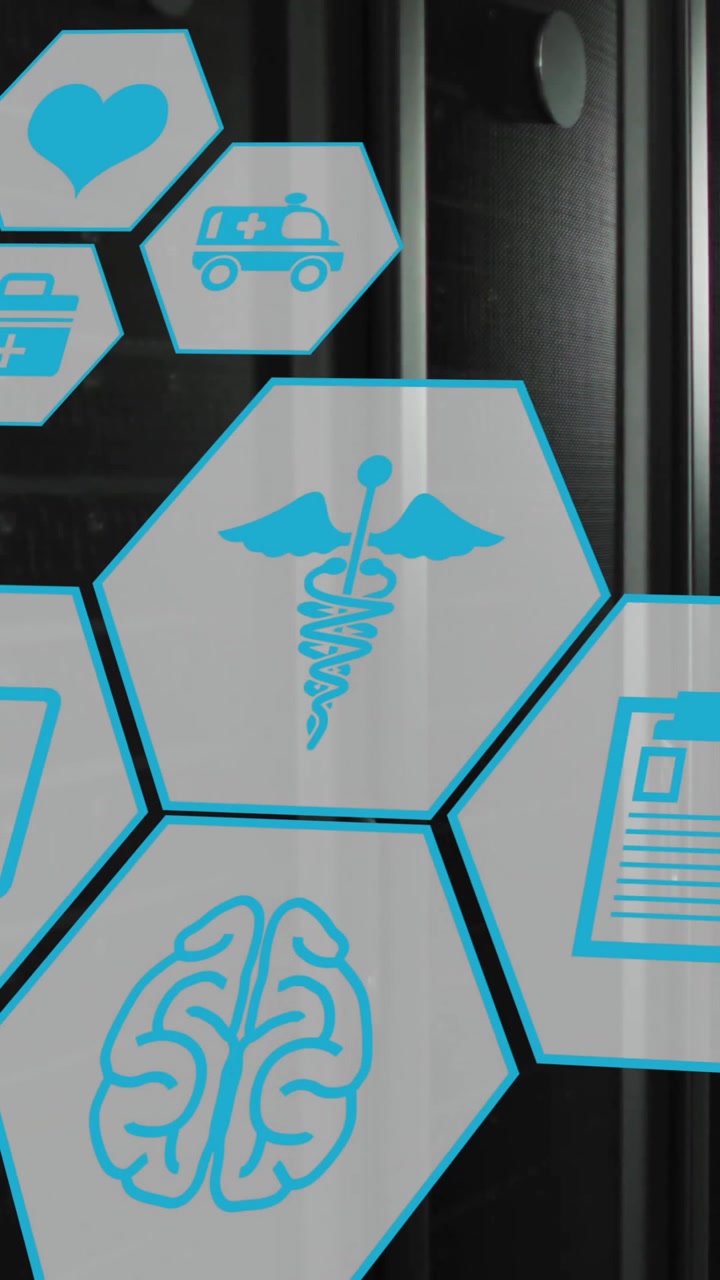 Animazione di rete di icone mediche ed elaborazione dati su server informatici