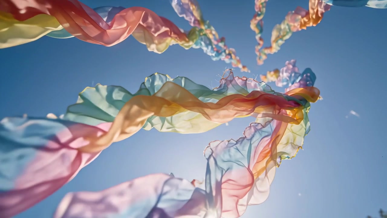 Rippling translucent ribbons fluttering in breeze in blue sky, showing frayed edges