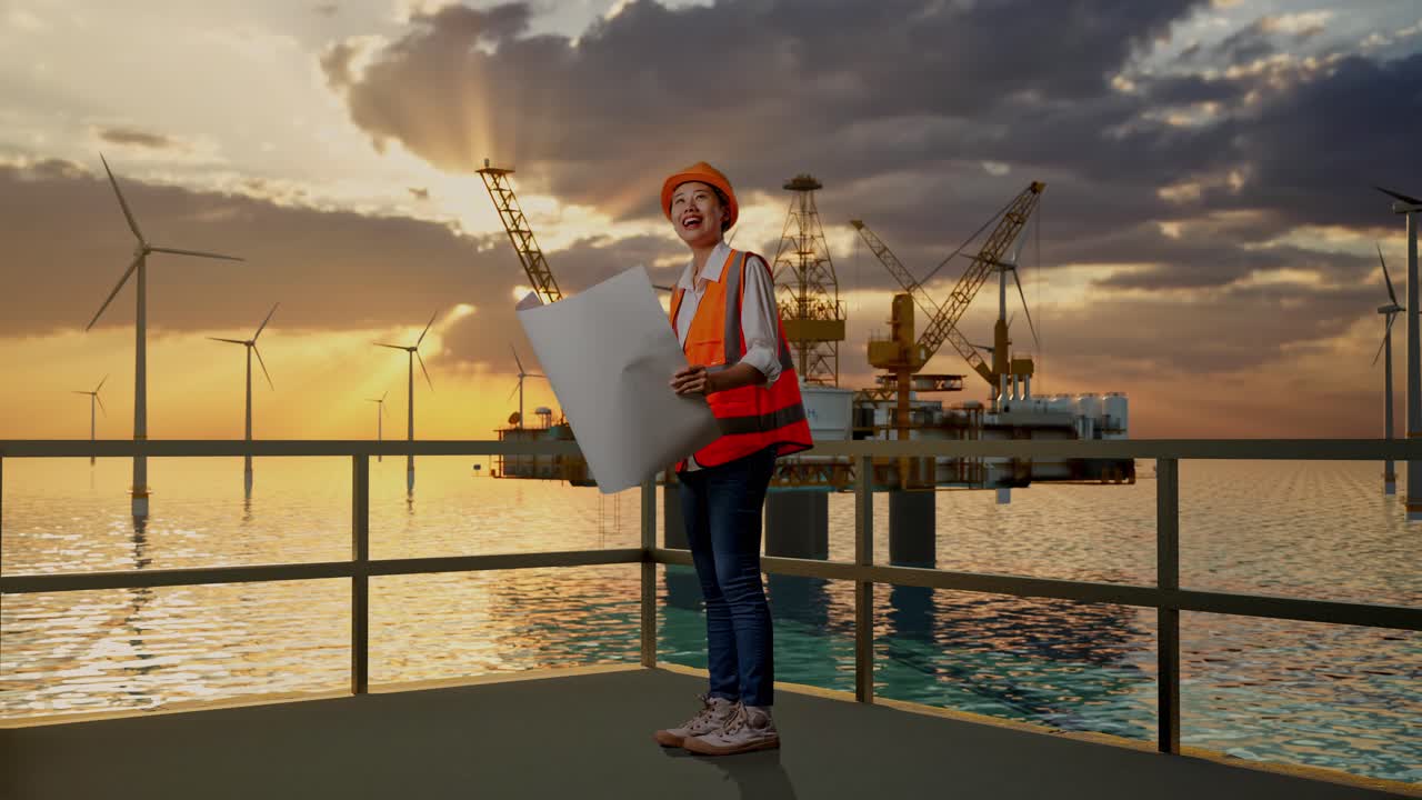 ingeniera revisando planes en un parque eólico en alta mar