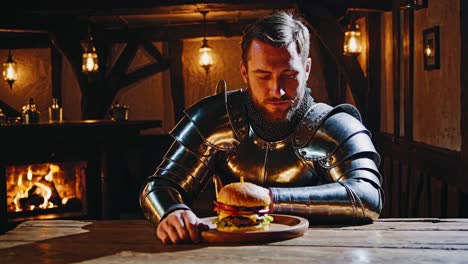 knight in shining armor sitting at a wooden table in a medieval tavern with a fireplace, looking thoughtfully at a burger served on a wooden plate