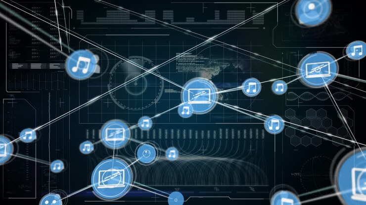 Animation of data processing and icons on black background