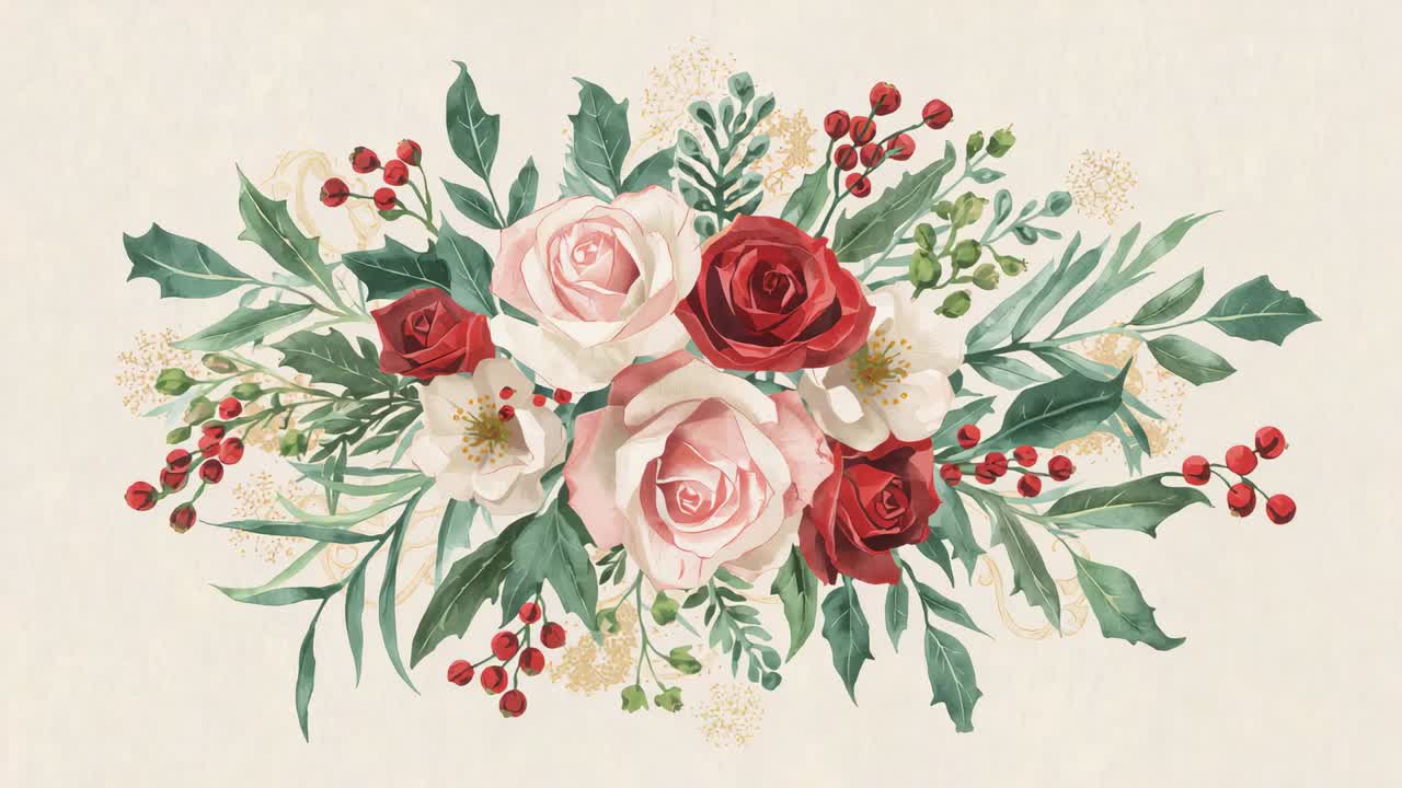 Starting zoom and frame shifts, painted 3-rose bouquet breathing, shifting on beige paper blooming