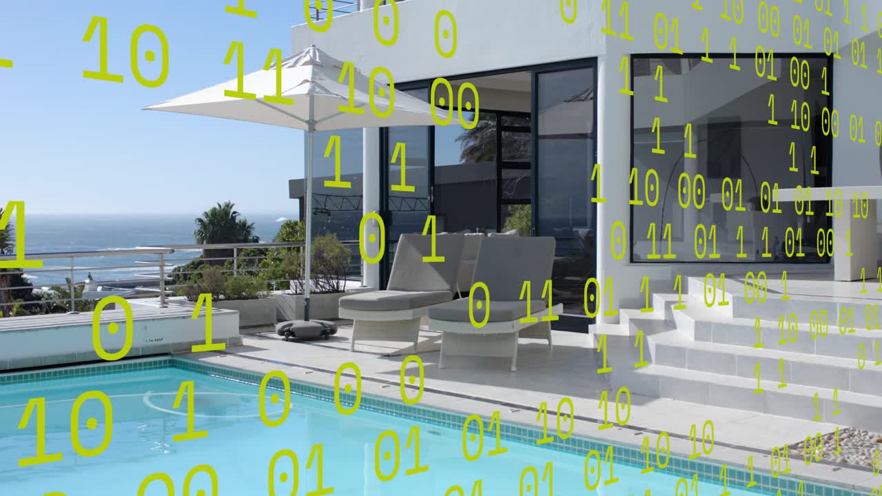 Animated binary overlay drifting triggers slow pan revealing villa pool and chaise for data demo