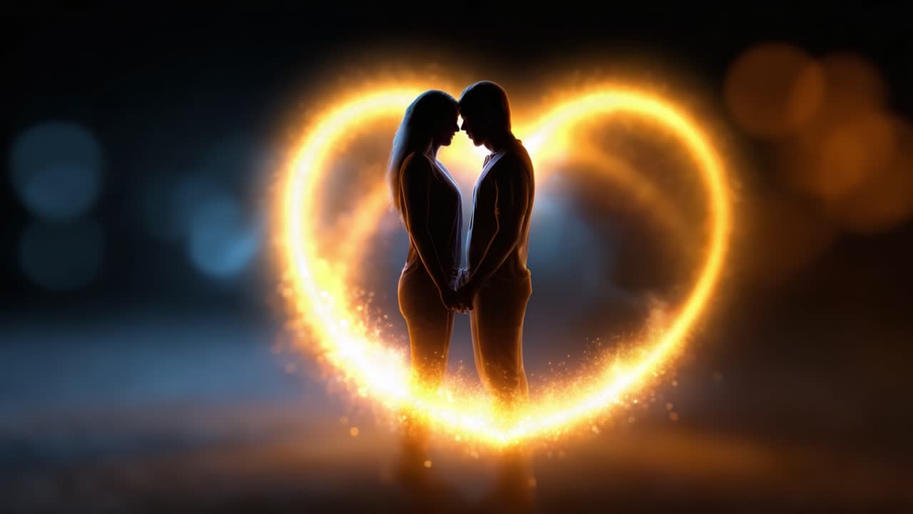 Un moment romantique figé dans le temps : un couple s’enlace dans des étincelles scintillantes, créant une aura en forme de cœur, symbolisant l’amour et la connexion dans un décor de rêve