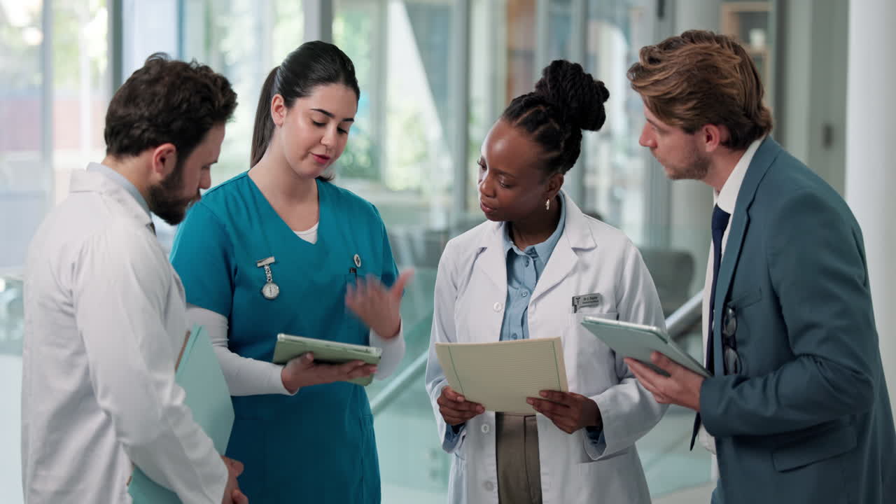 Diverse Medical Team Discussing Patient Information in Hospital Hallway