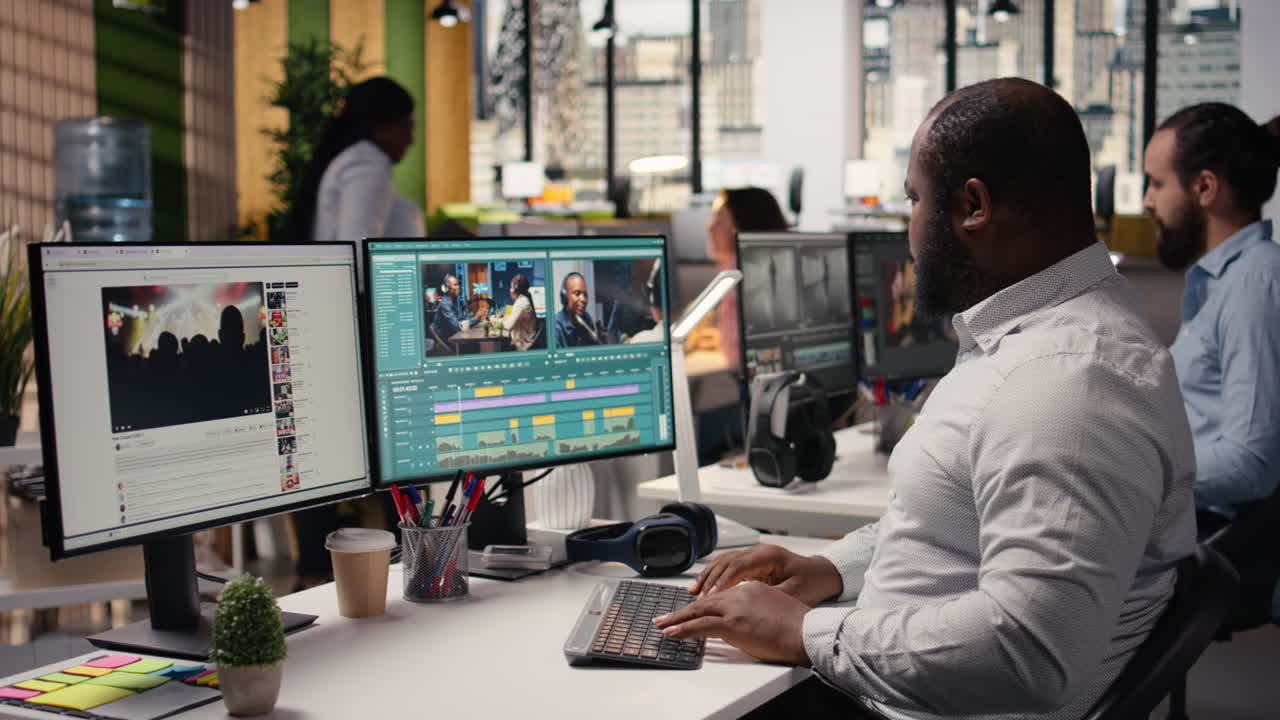 Editing video clips, film footage on software, cutting montage for visual effects