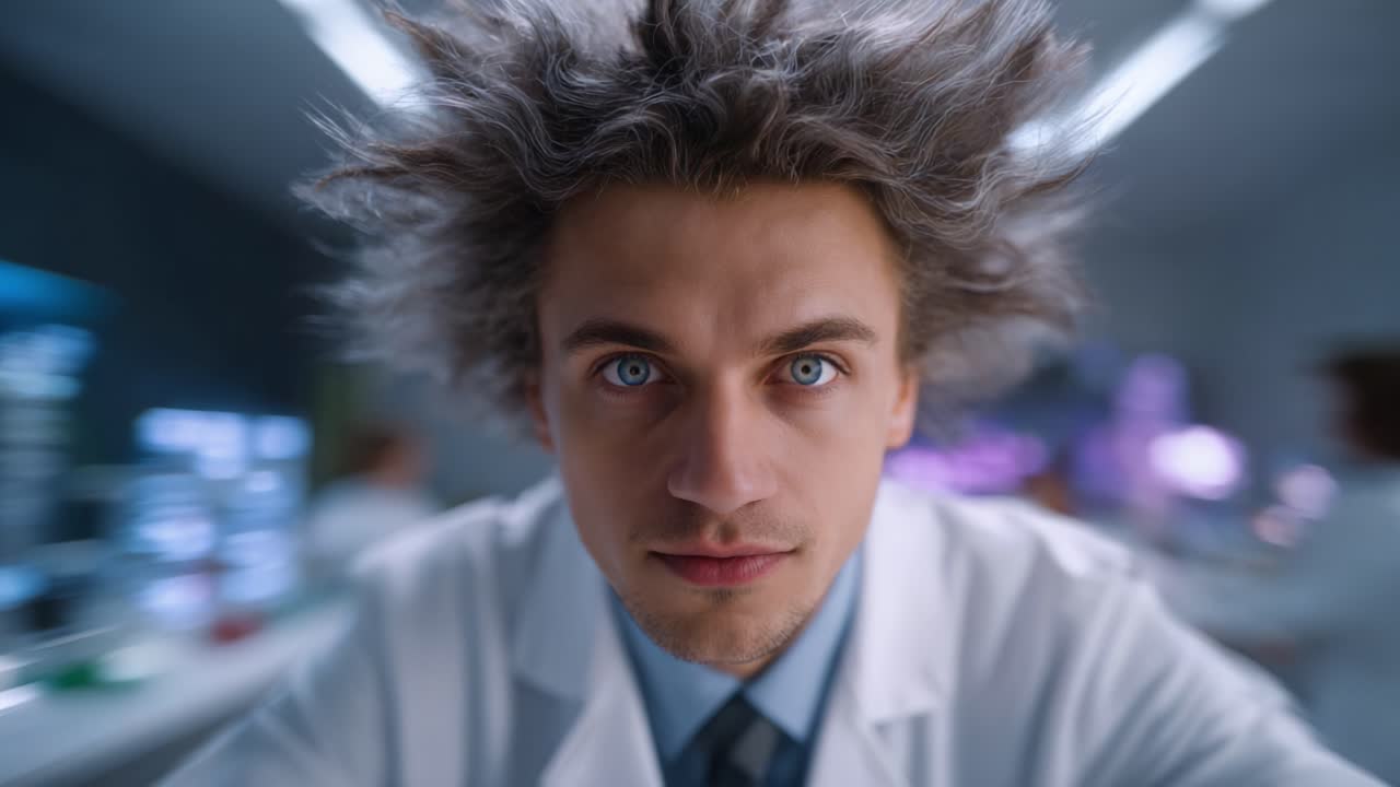 Uno scienziato con capelli selvaggi e intensi occhi azzurri fissa direttamente l'osservatore, enfatizzando la sua concentrazione ed entusiasmo in un ambiente di laboratorio ricco di tecnologia.