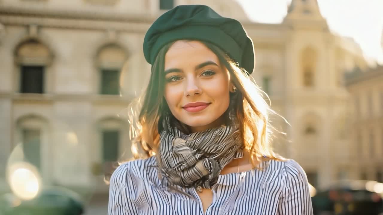 Young woman wearing a beret and scarf smiles against a blurred urban backdrop, radiating happiness in the sunlight