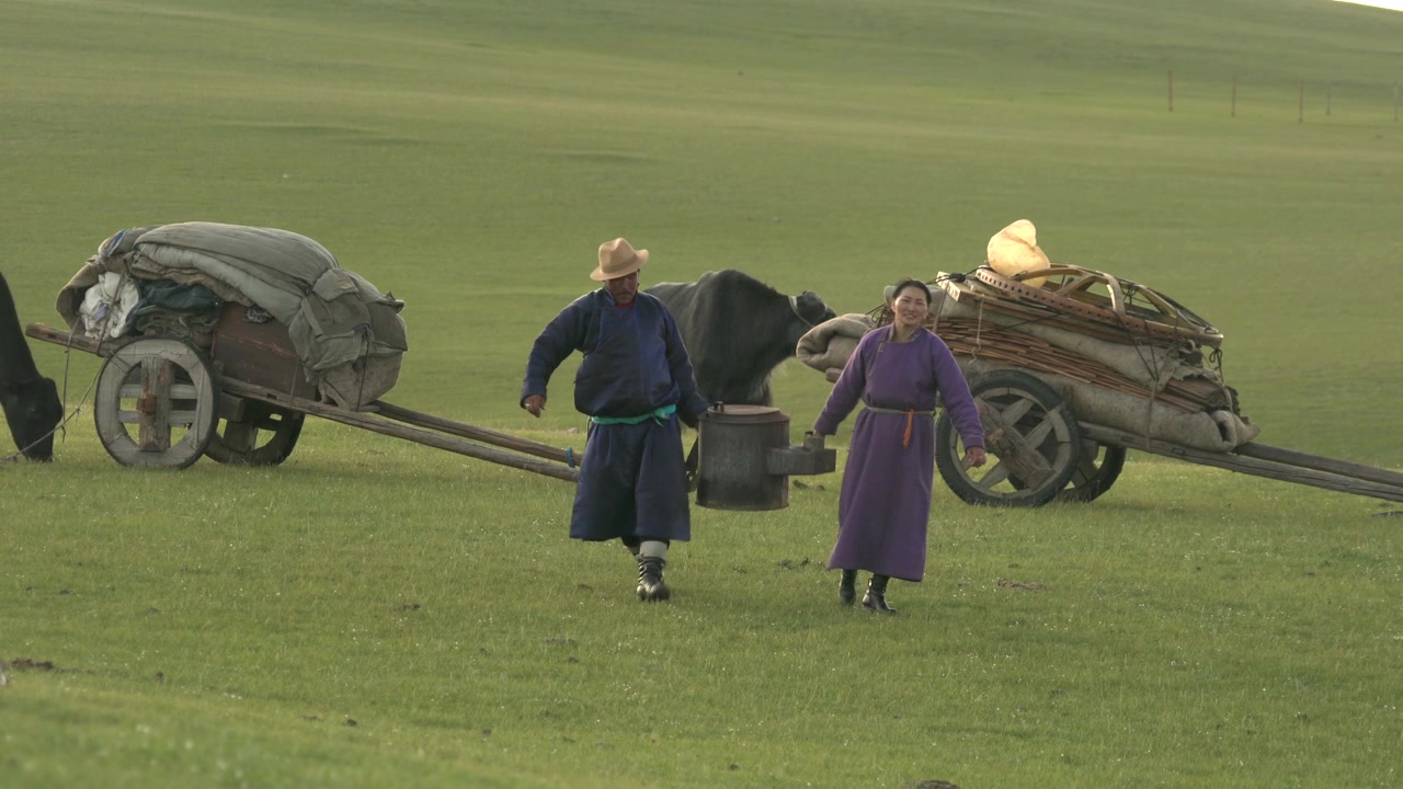 Mongolsk nomadefamilie bærer utstyr over grønn steppe