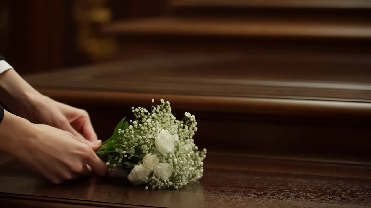 Mani che posano delicatamente un piccolo bouquet di fiori bianchi su una superficie di legno