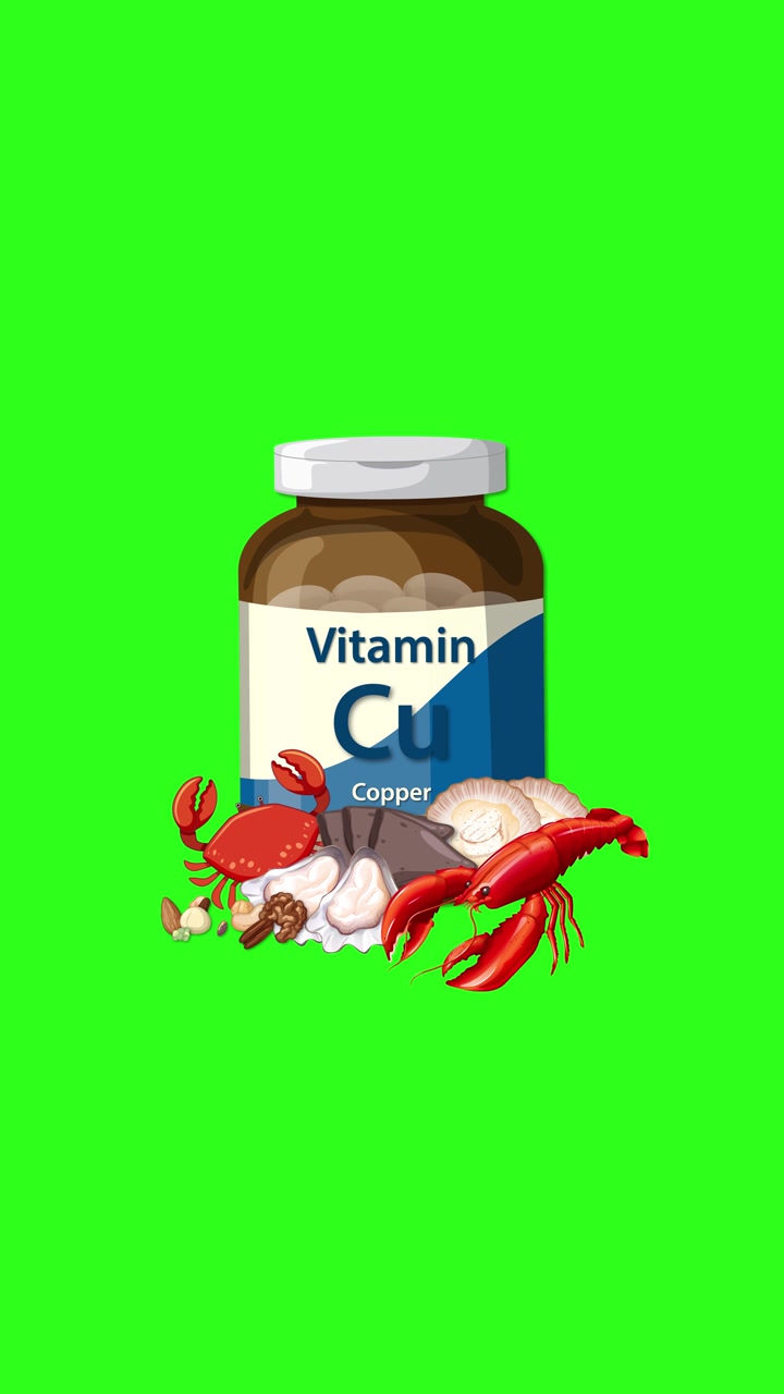 Un flacone di integratore di rame appare con granchio, aragosta e frutti di mare su uno sfondo verde brillante, con transizioni fluide.