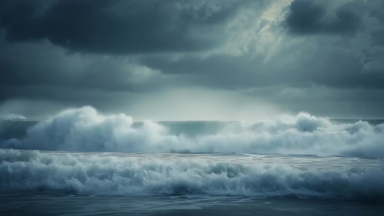 Gathering storm clouds fueling swells growing and cresting with foam, crashing into shore receding