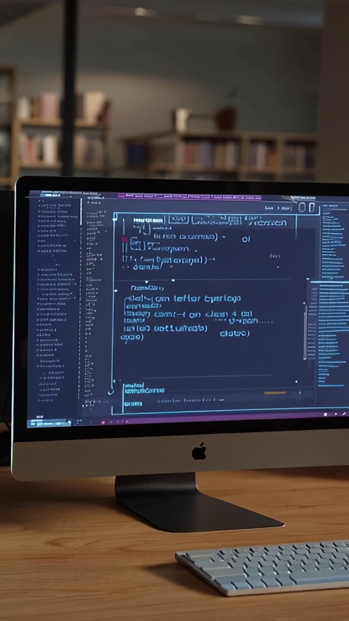 A Modern Workspace with Advanced Programming Displayed on a Sleek Computer Screen Surrounded by a Lush Green Environment in a Contemporary Office Setting