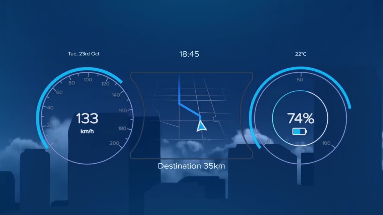 Animation of speedometer, arrow on navigation pattern and number in circles over buildings
