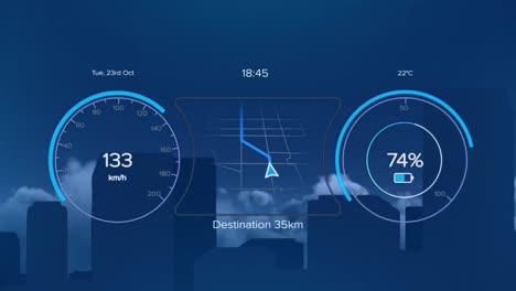 animation of speedometer, arrow on navigation pattern and number in circles over buildings