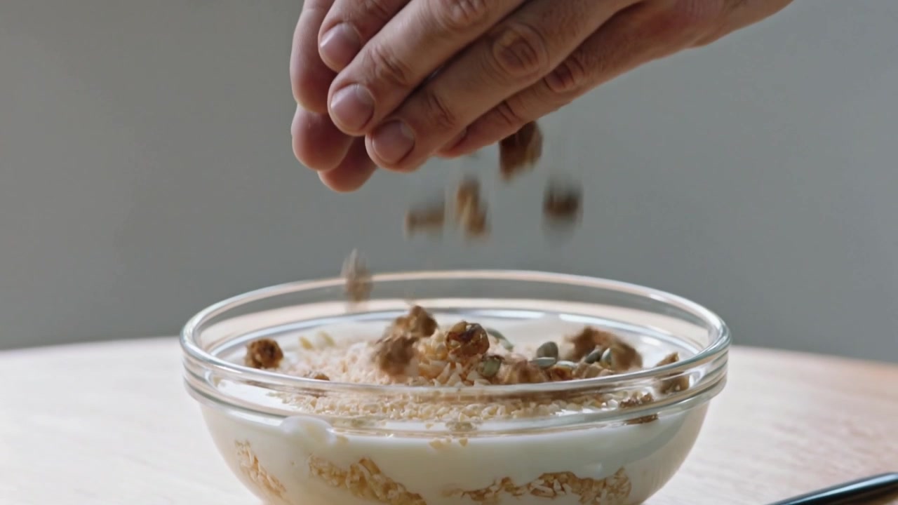 Mani con orologio che stringono una manciata e lasciano cadere granola e semi sopra una ciotola di vetro a casa.