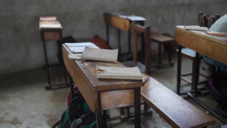 cinematic shot of a broken notebook in a poor school in africa