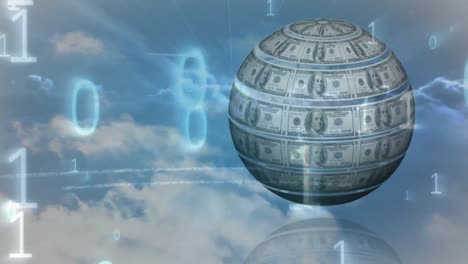 animation of globe with dollar banknotes over data processing and sky with clouds