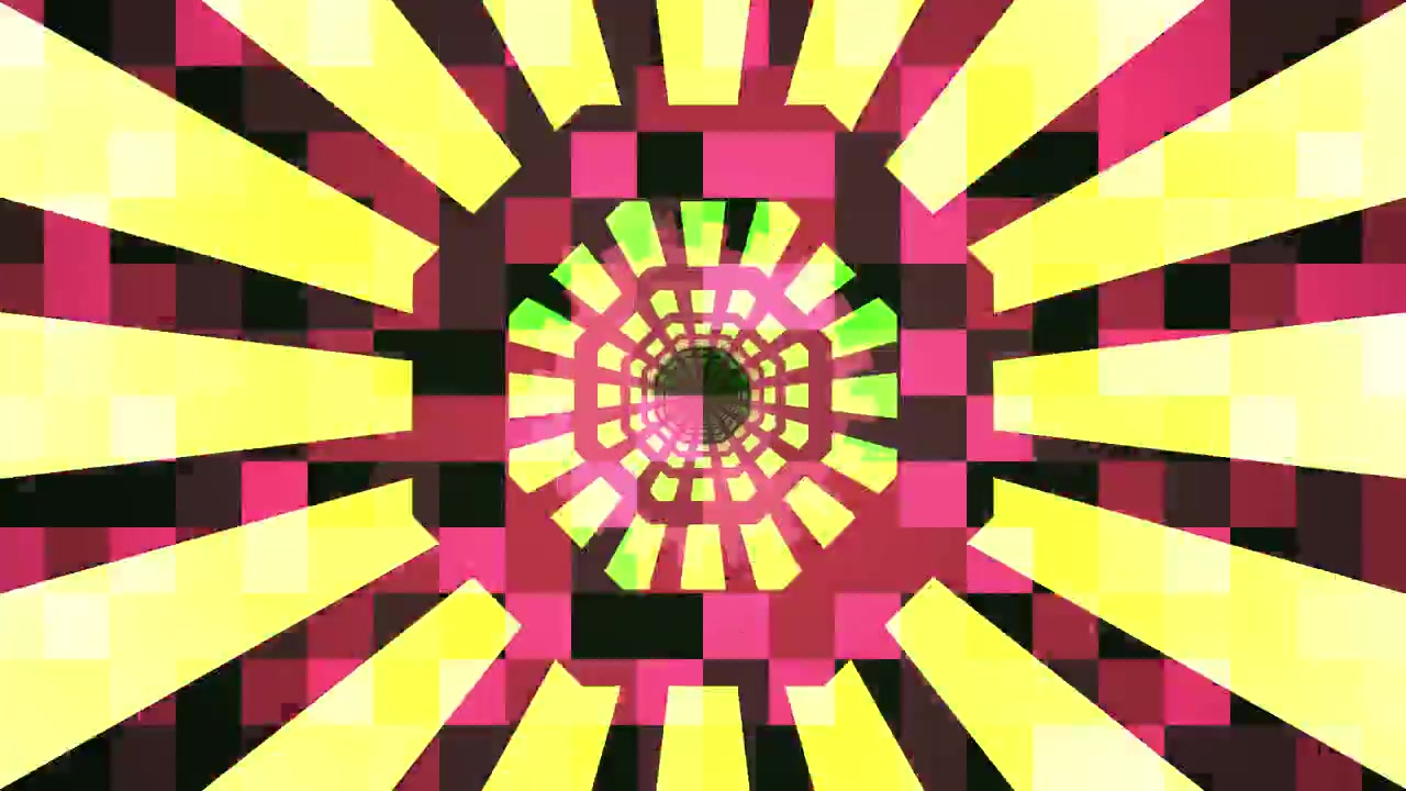 Tunnel geometrico astratto con motivi di luce rosa e gialla pulsanti