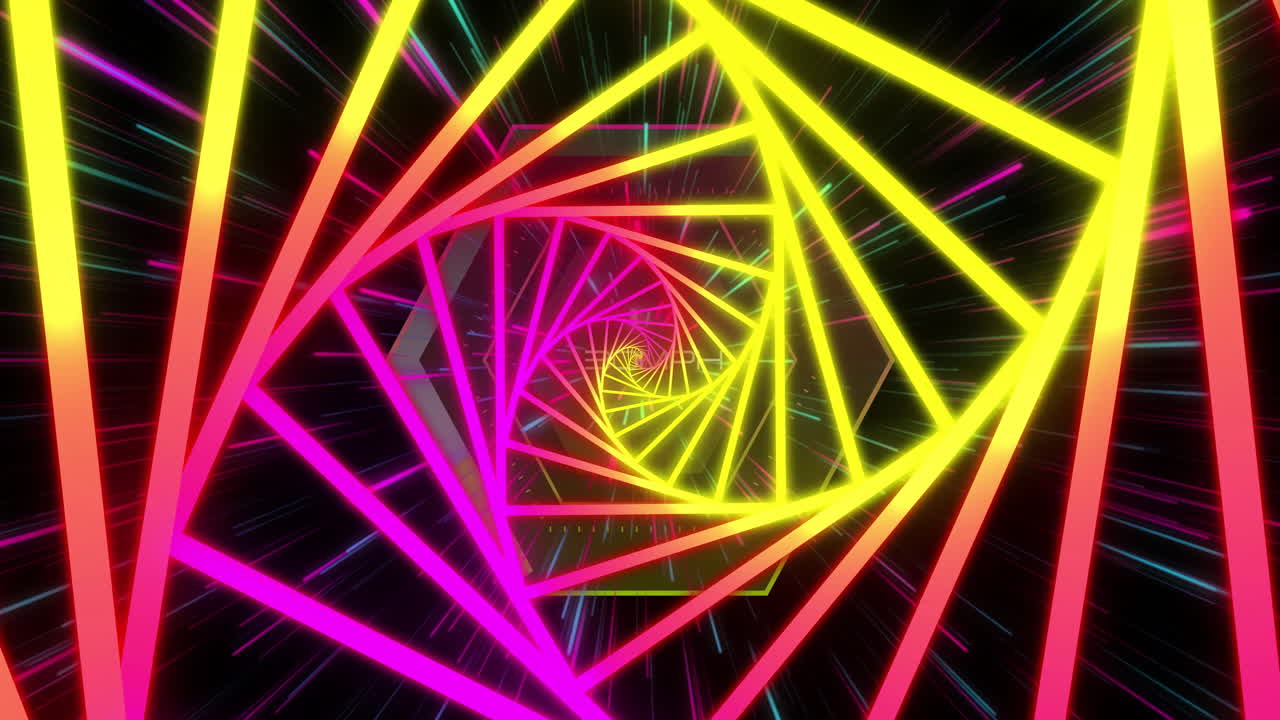 Colorful neon geometric shapes forming spiral animation on black background