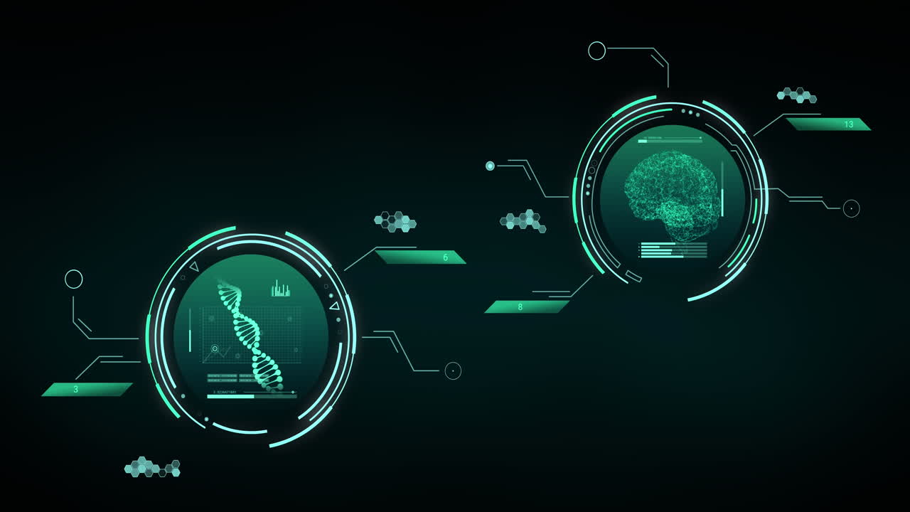 Animation of data processing with dna strand and brain over black background