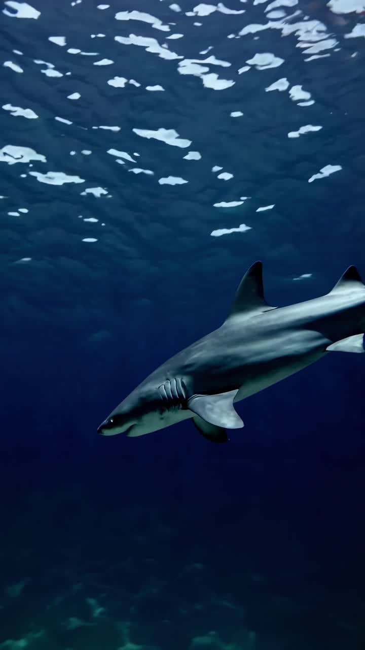 Underwater video captures a shark swimming gracefully. Low-angle shot emphasizes the vast ocean