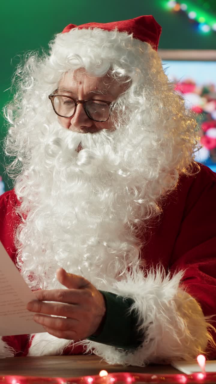 Babbo Natale che legge una lettera di Natale e pensa
