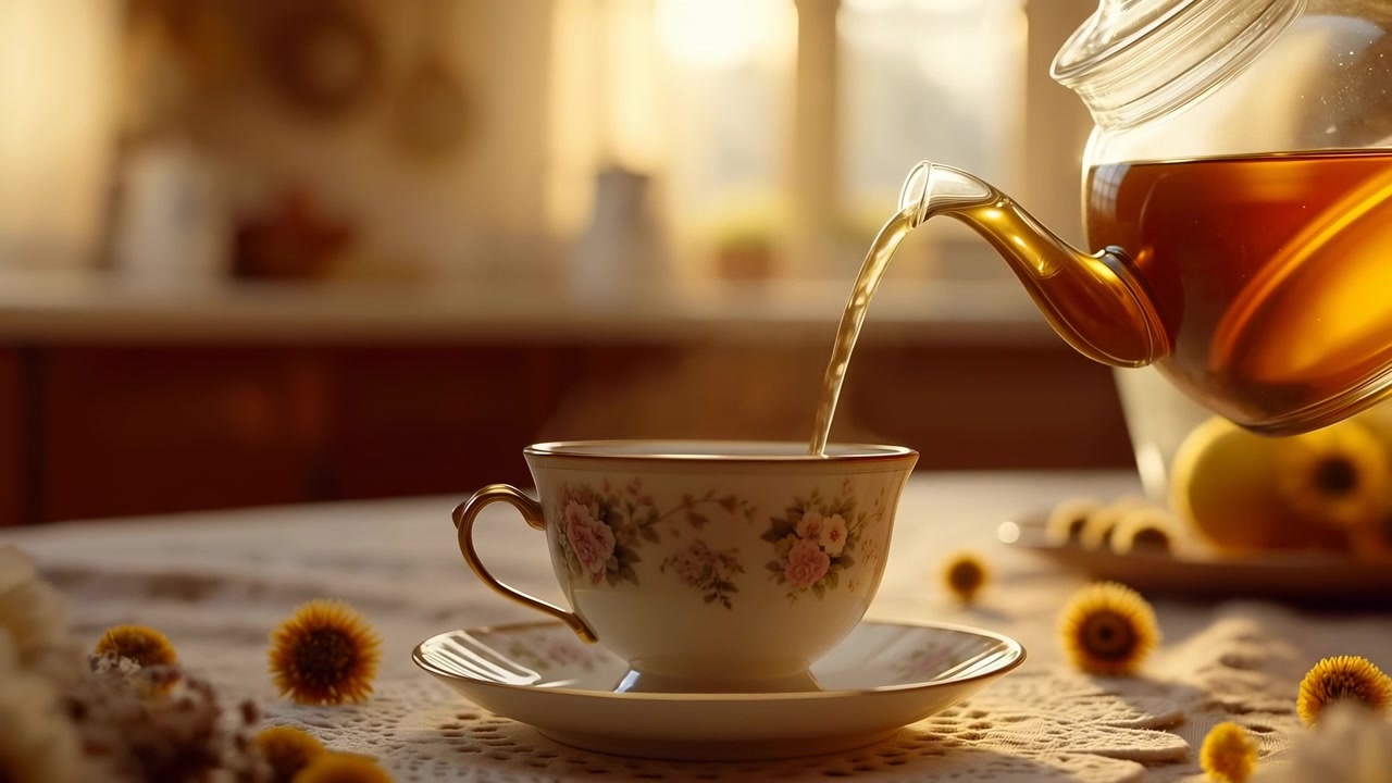 Tè ambrato scorre dal beccuccio di una teiera di vetro in una tazza da tè in porcellana floreale vintage e piattino abbinato su una tovaglia di pizzo ricamata, che risplende con una calda retroilluminazione, riflessi morbidi, un'atmosfera accogliente per la colazione