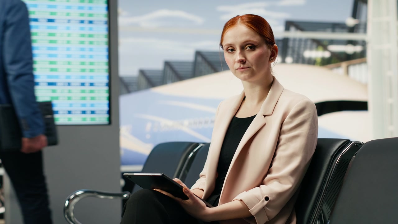 Portret bizneswoman na lotnisku przygotowującej się do szczytu biznesowego za granicą