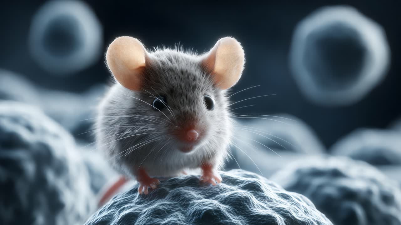 En nuttet mus balancerer på cellestrukturer og viser en blanding af mikrobiologi og gnavercharme i et fortryllende mikrokosmos